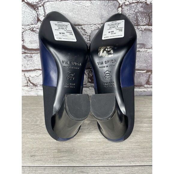 Via Spiga Midnight Navy Blue Leather Black Fabric Heels Women Sz 8.5B US/38.5EU - Picture 6 of 16